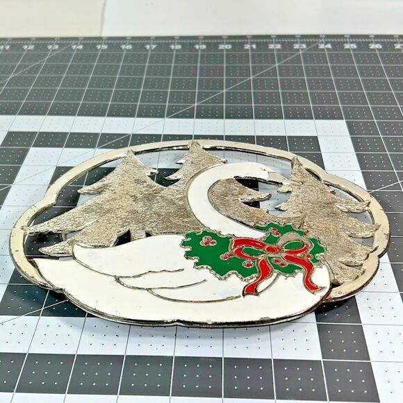 1987 William A. Rogers Silver Plated Enamel Christmas Holiday Swan Trivet 9.5"L - Picture 3 of 6